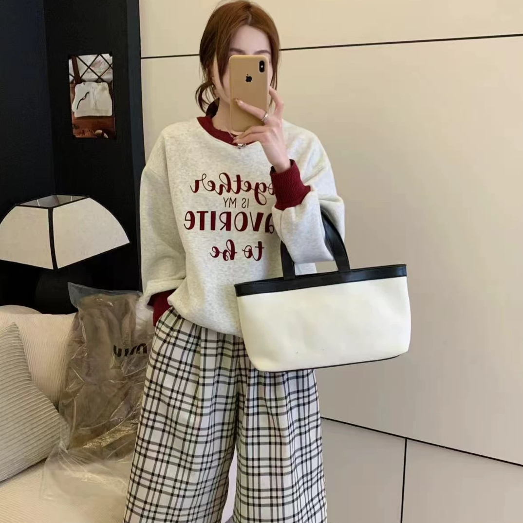 秋冬新款宽松圆领加绒拼接卫衣打底衫C215