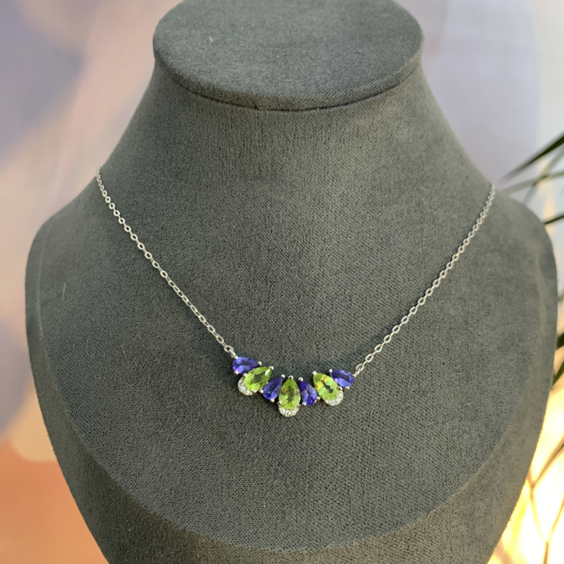 S925银镶嵌3*5mm，4*6mm坦桑石橄榄石项链