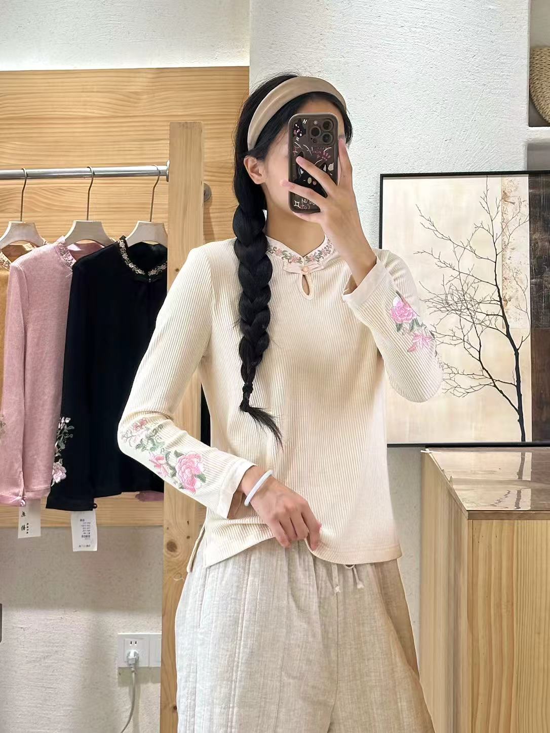 【主播自留】秋季新款新中式国风刺绣花打底衫女宽松显瘦内搭上衣女