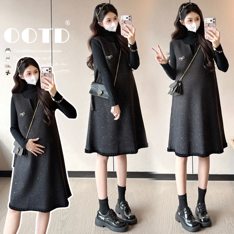 【嗒嗒】冬季新款小香风气质v领中长款毛呢背心裙孕妇大码套装