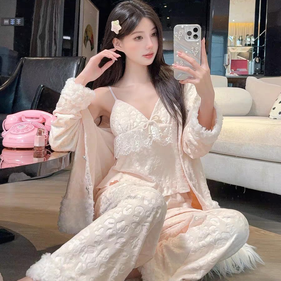 海岛绒新款睡衣女秋冬季加厚保暖可外穿高级感长袖网红家居服套装