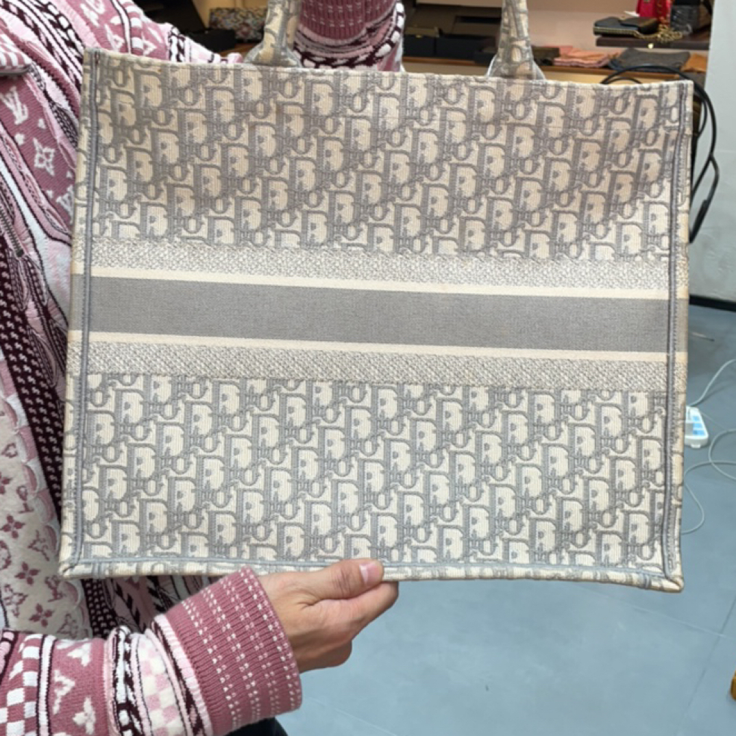 95新 DIOR/迪奥 灰色老花tote大号单肩包