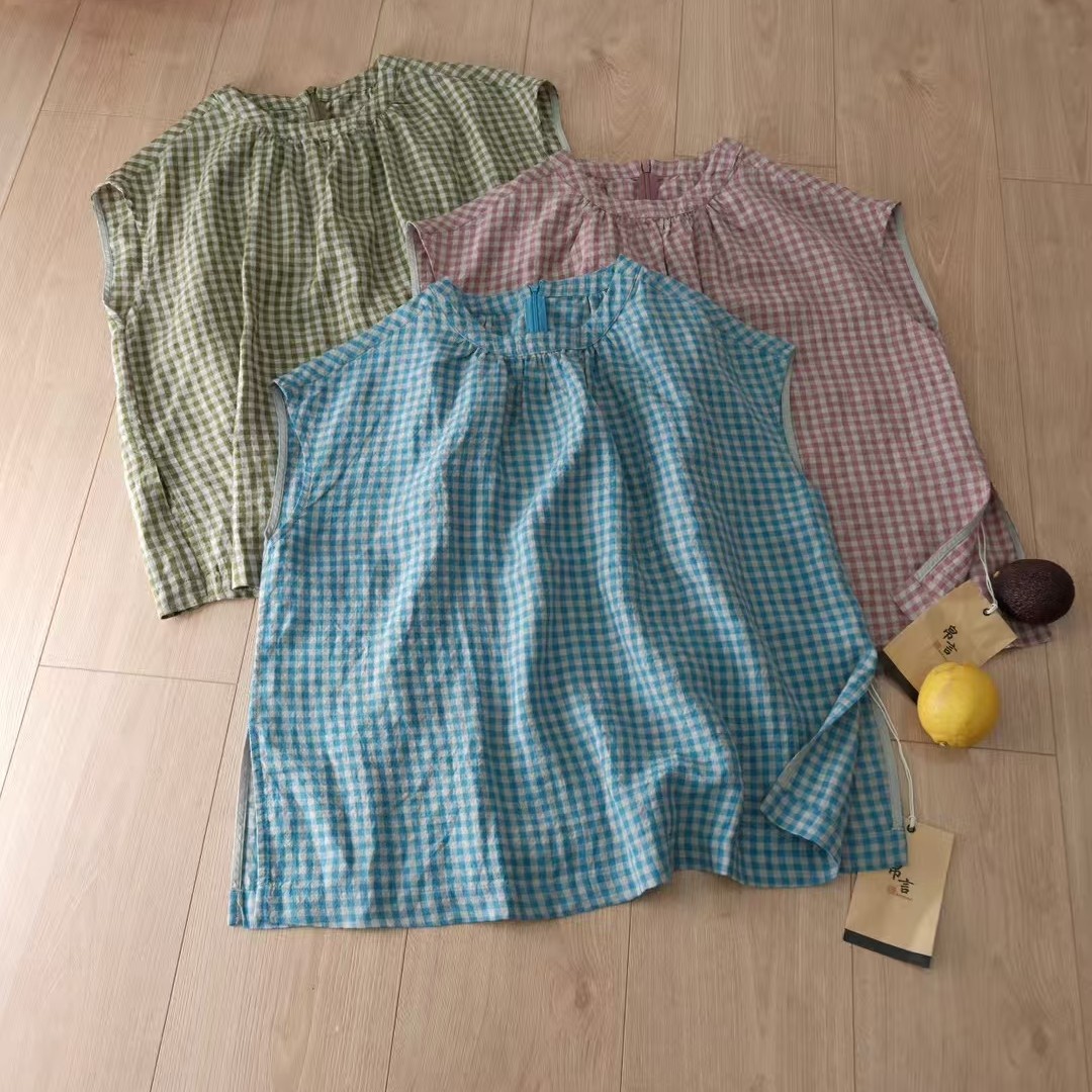 亚麻格子圆领套头坎肩衫文艺复古风格舒适百搭