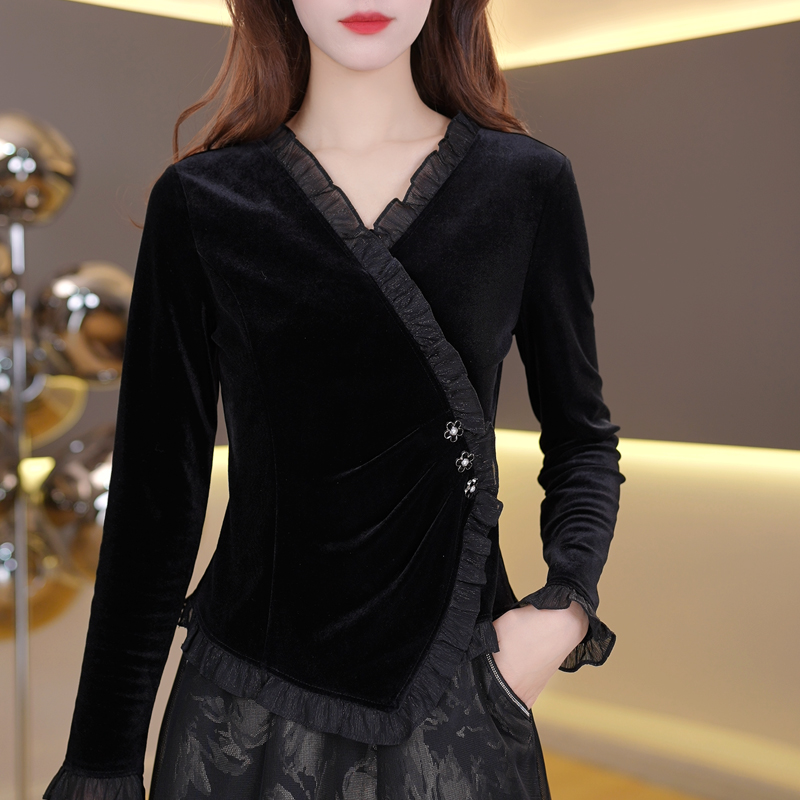 轻奢丝绒交叉V领花边洋气长袖上衣女气质小衫长袖T恤 3618