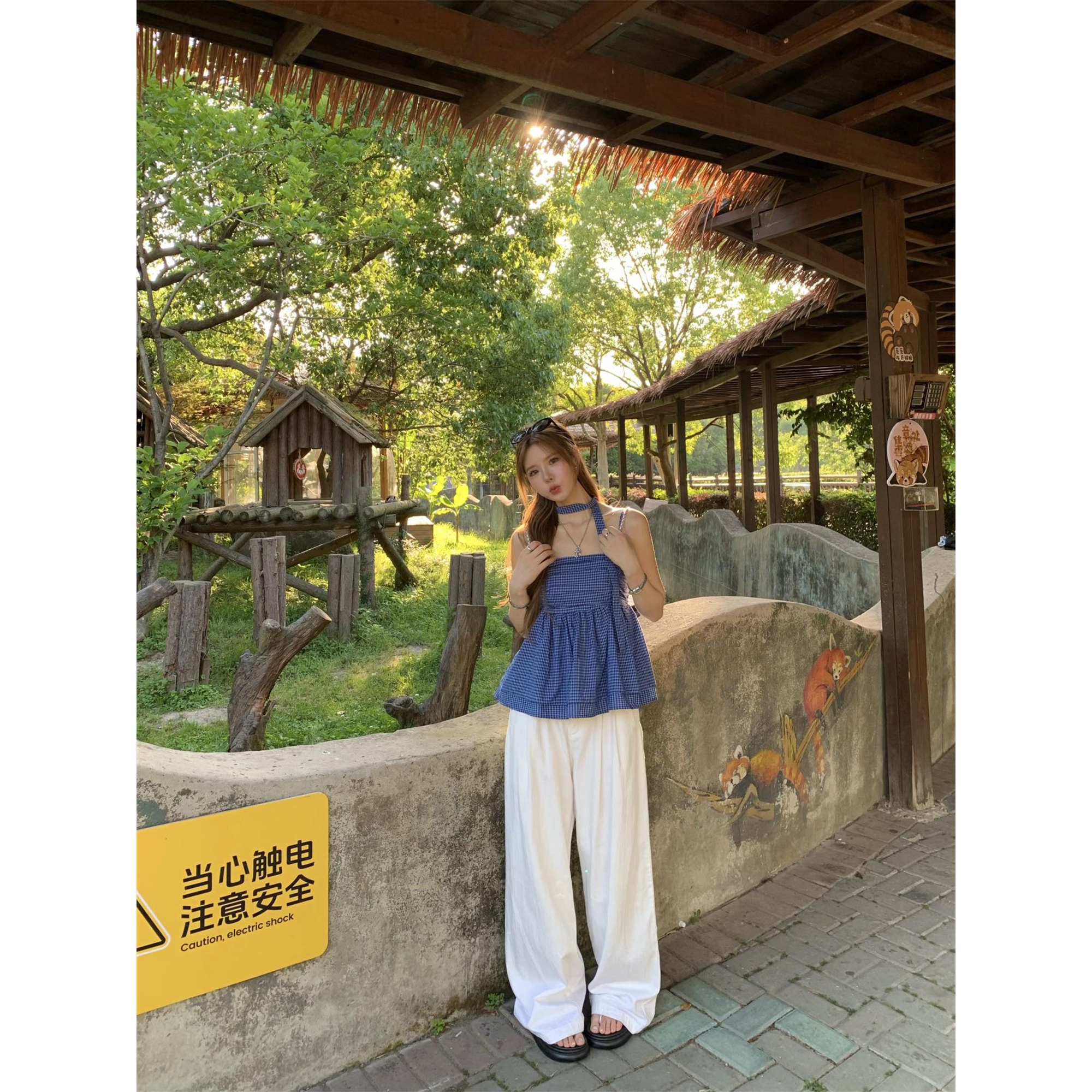 纯欲辣妹吊带格子背心+垂感阔腿裤