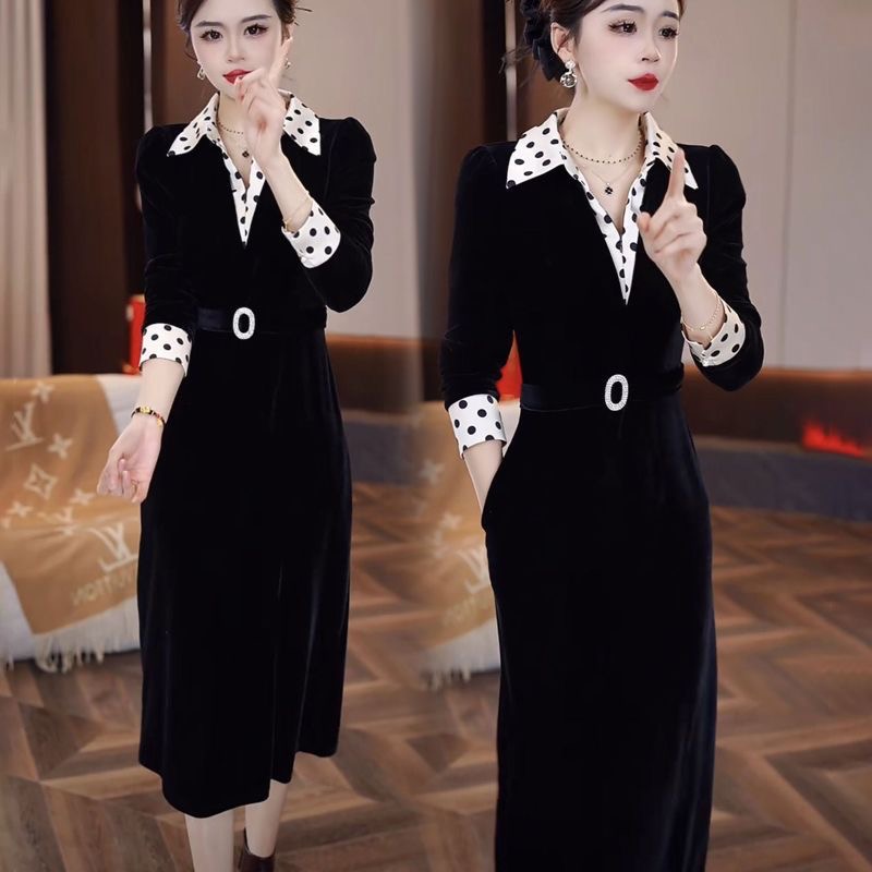 高级感礼服裙2025时尚波点拼接修身显瘦连衣裙5105