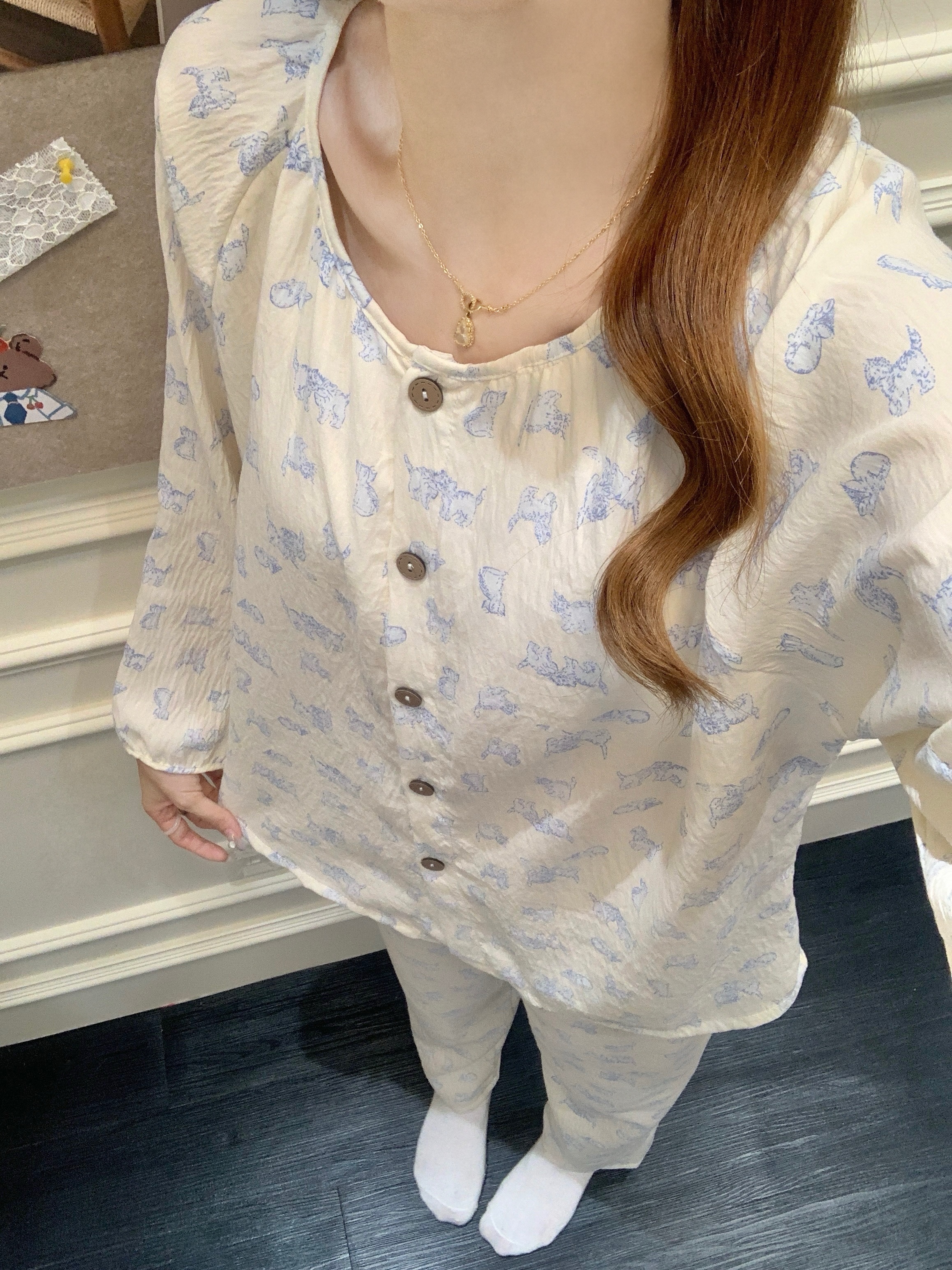 【带胸垫】韩系蝴蝶结秋季睡衣女款长袖长裤云朵棉可爱家居服新款