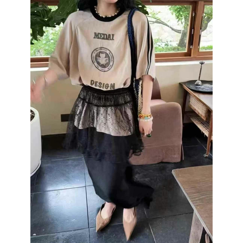 【现货】黑色蕾丝屁帘2025夏新品松紧腰叠穿神器半身裙
