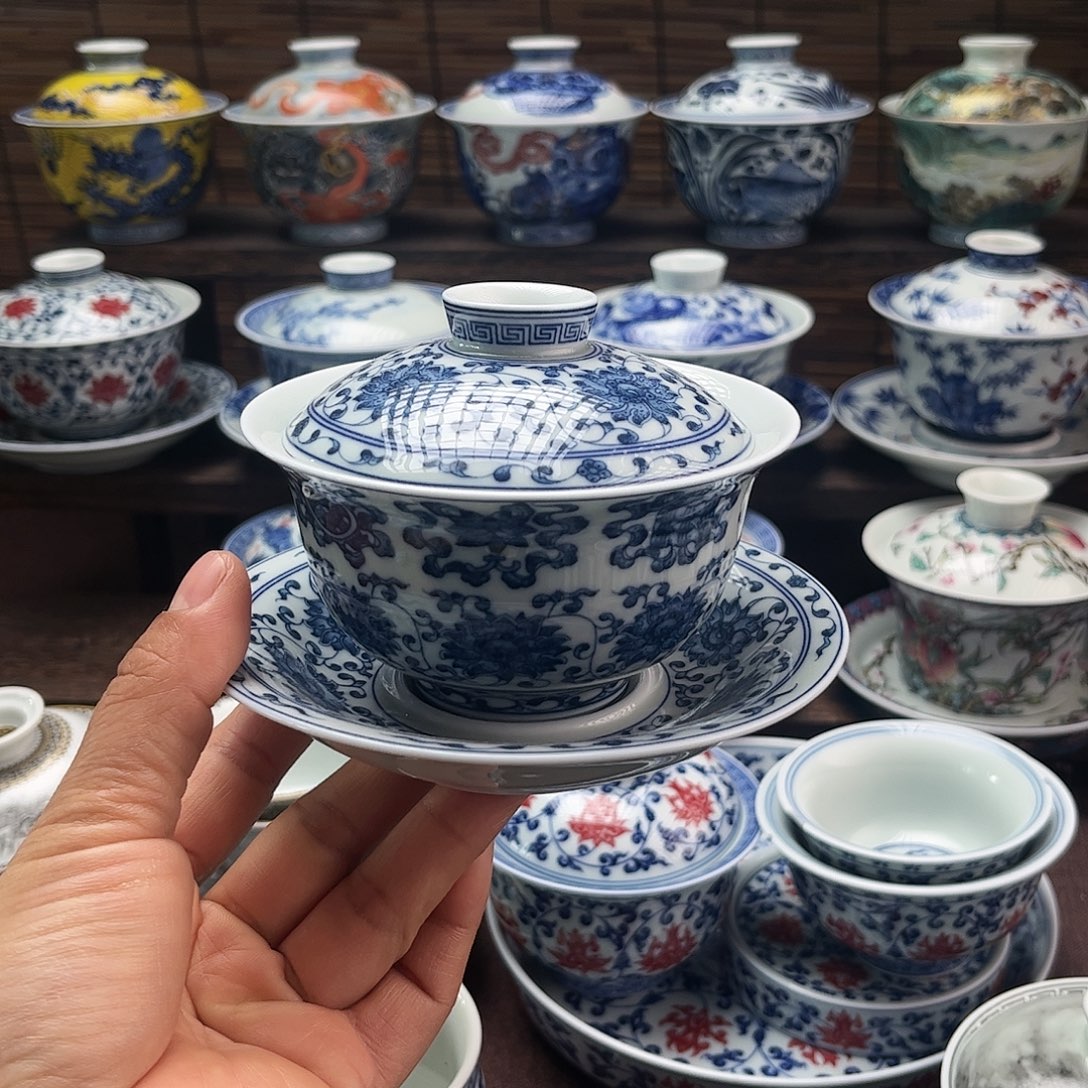 摆件陶景德镇陶瓷三才盖碗