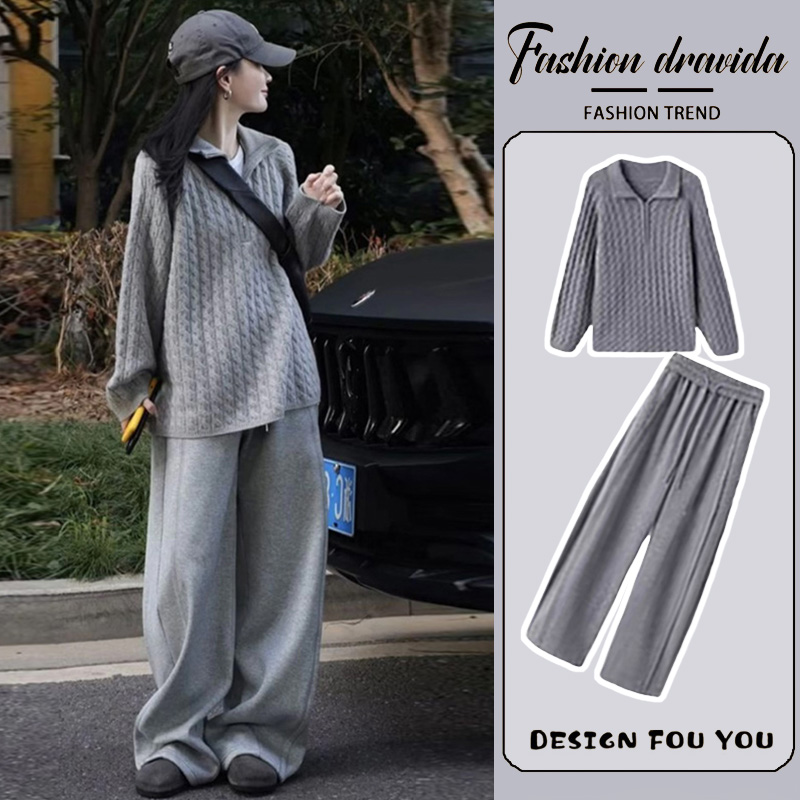 时尚孕妇2025秋冬套装韩版时尚宽松慵懒风毛衣+休闲阔腿裤套装