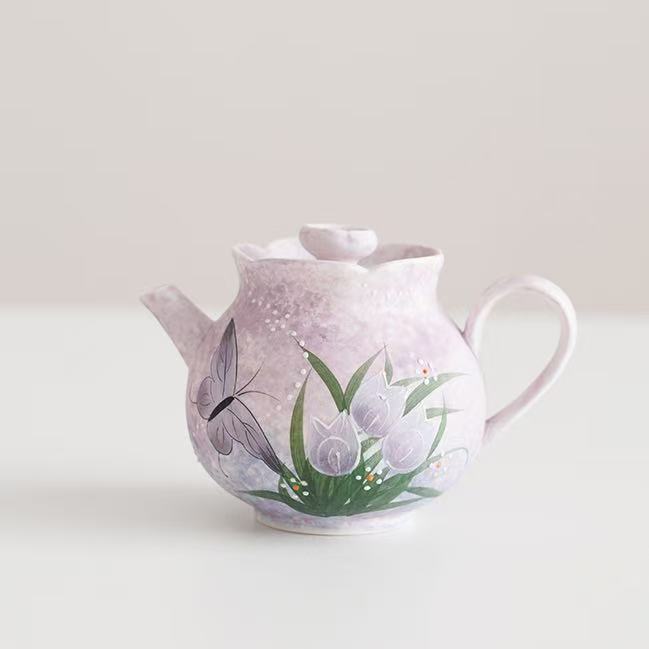 手绘陶瓷泡茶壶釉下彩郁金香花苞壶大容量泡茶壶女士不烫手茶具