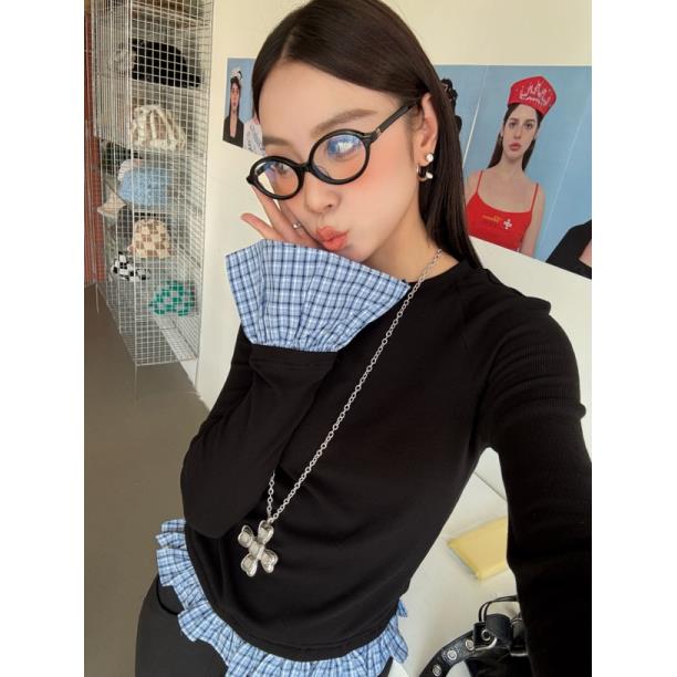 HELLOTANGO《曼乐之城》花边格纹拼接荷叶边显瘦长袖T恤84320-1#