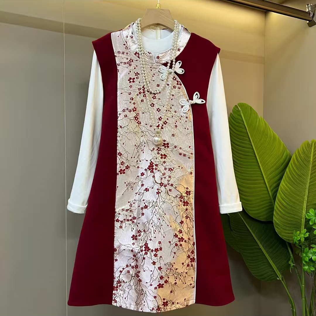 699-2024年冬季新款时尚气质显瘦国潮风马甲裙+T恤两件套