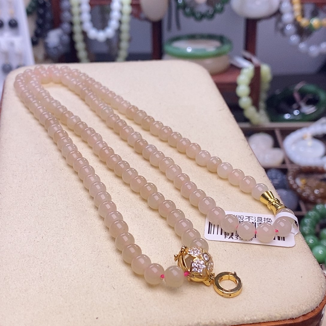 和田玉红粉熟藕粉老矿料羊脂级万能款珠链6m未镶嵌