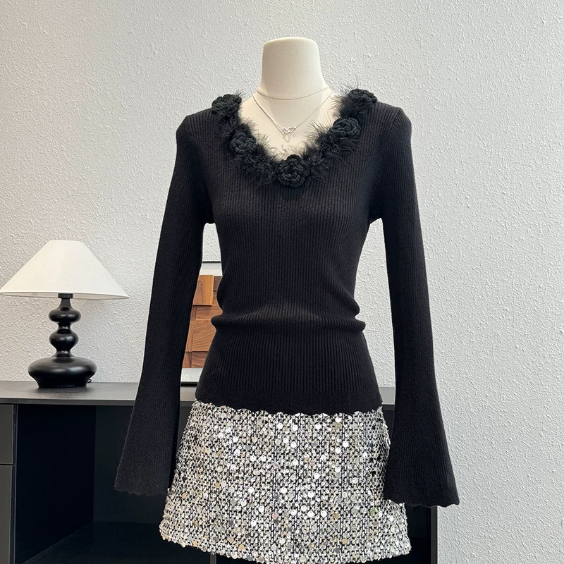 韩系毛边v领立体花朵长袖针织衫女冬2025新款气质保暖不撞款上衣