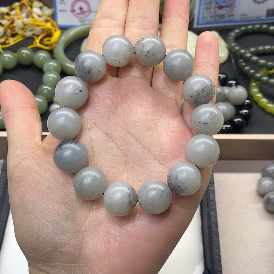 焚***谱和田玉（糖玉）未镶嵌手链新疆和田玉青花卡16mm