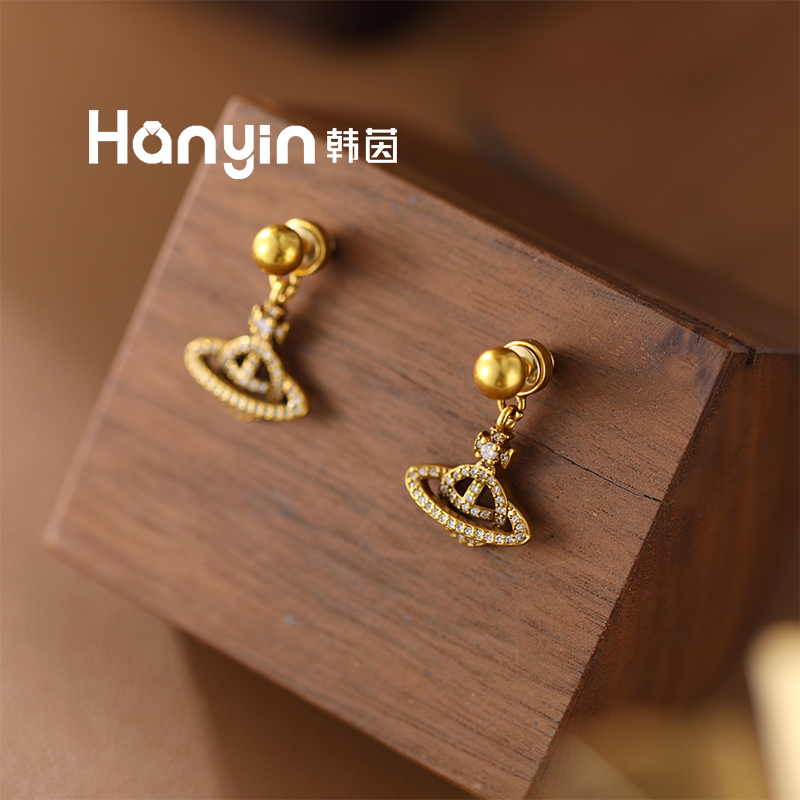 铜合金合成锆石耳饰 925银针两戴复古气质镂空满微镶土星耳钉AAA