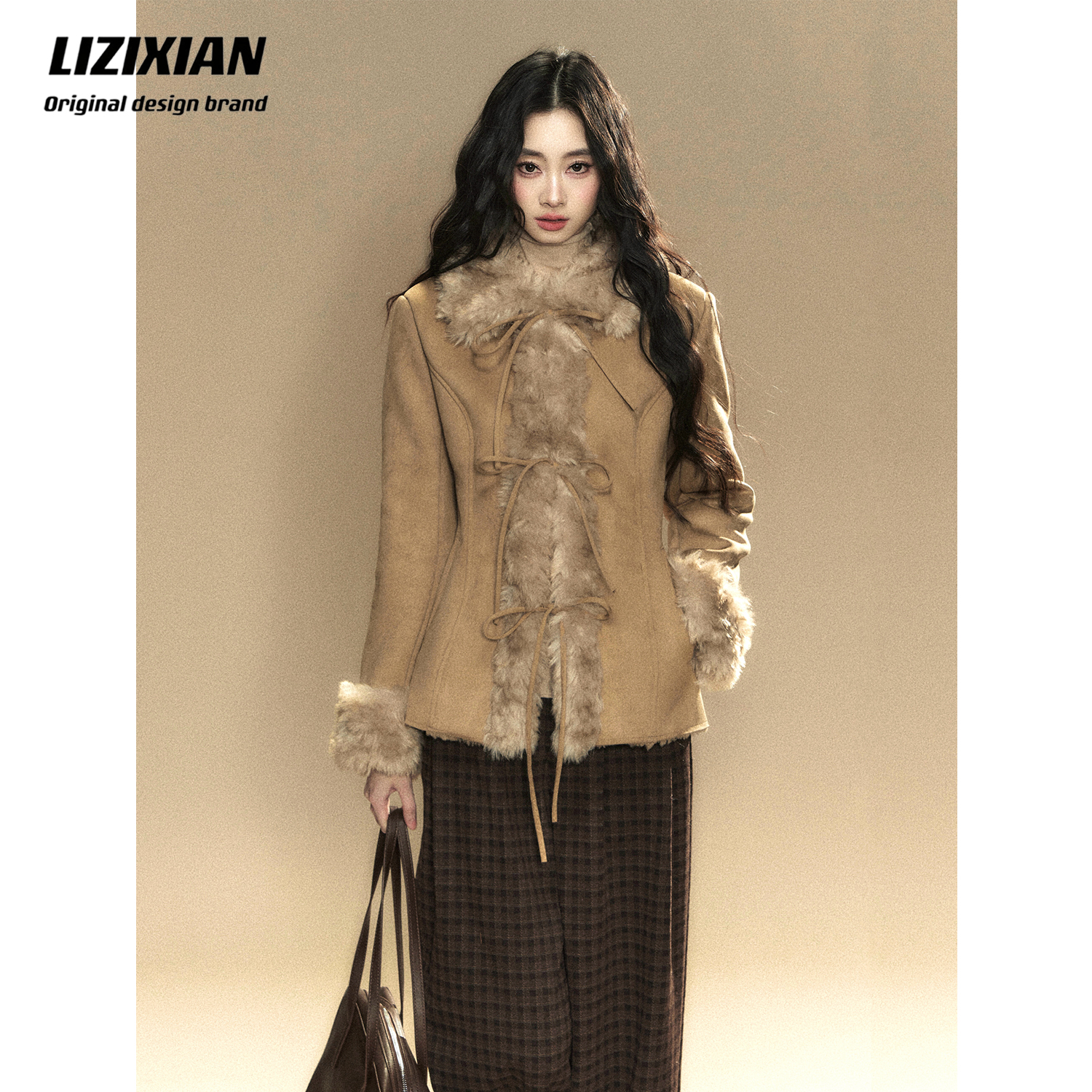 李梓仙LIZIXIAN原创设计系带女装冬季环保皮毛仿皮毛一体时尚外套