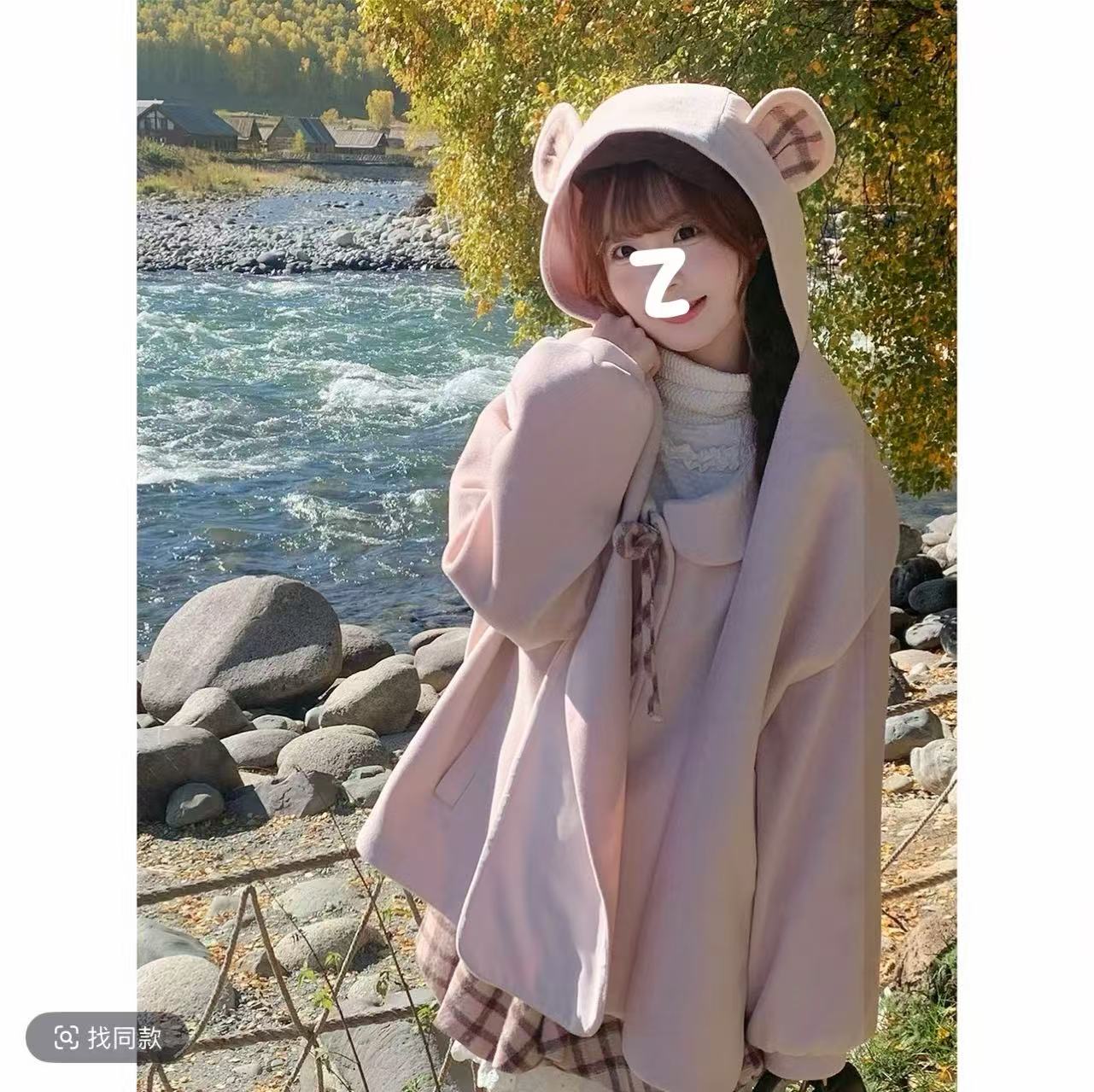 秋冬季粉色撞格子娃娃领毛呢外套上衣+格子半身裙套装