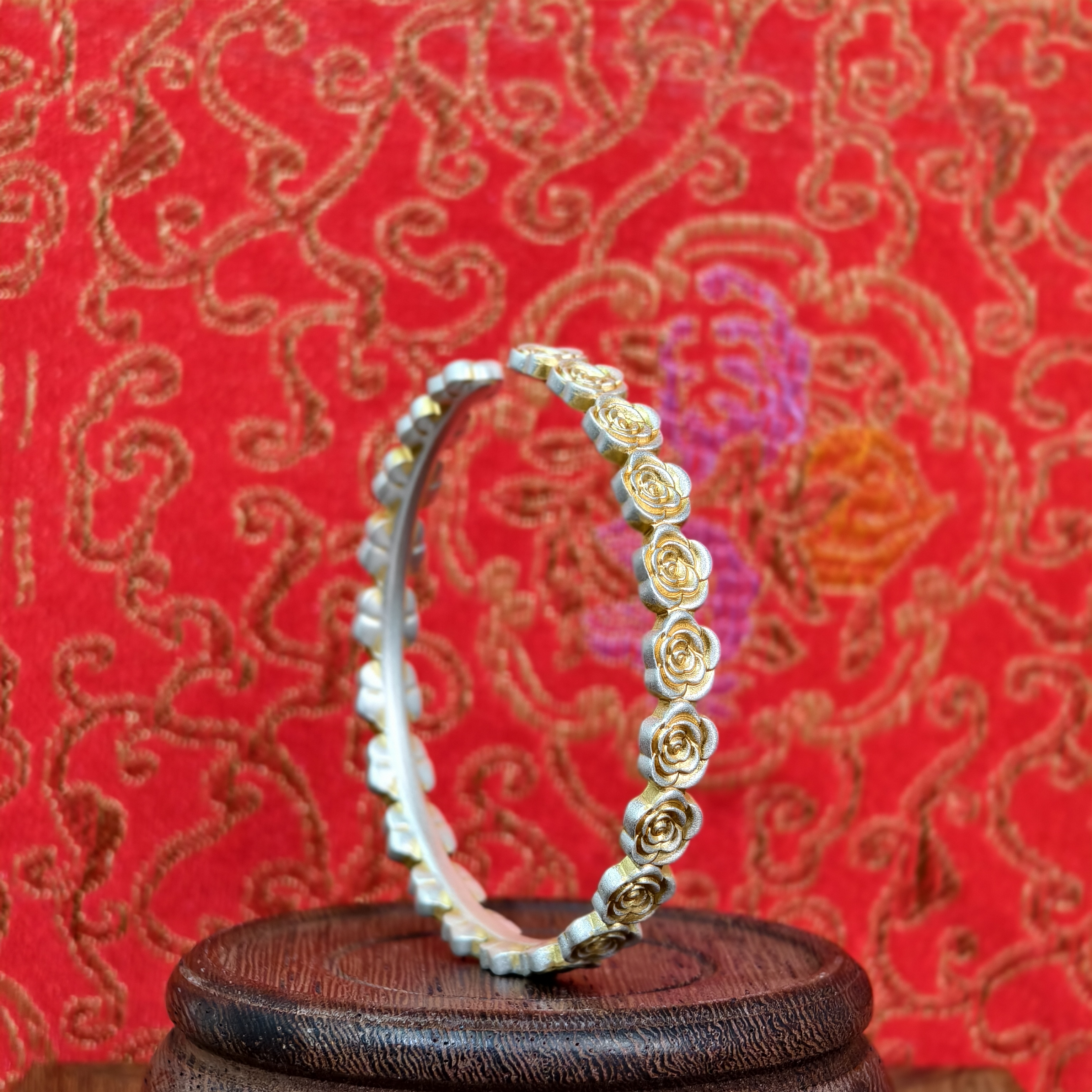 足银银制品 高级感玫瑰花描金手镯足银古法镯子轻奢国风送礼佳品