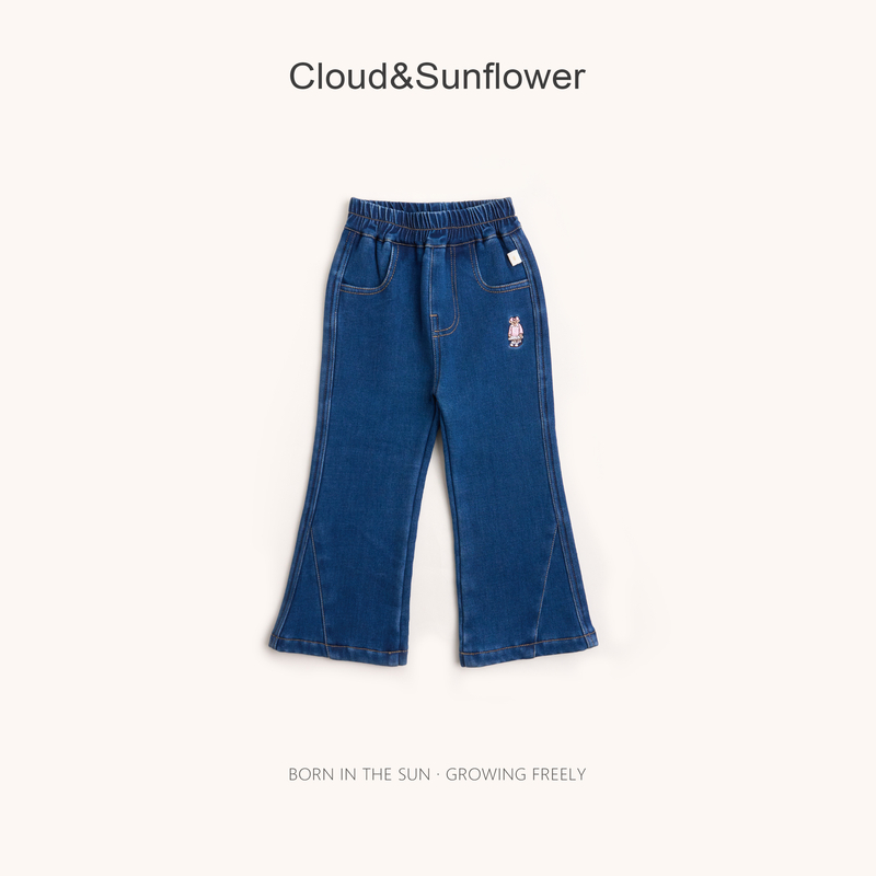 【云朵小葵】女童冬季新款小熊斜条休闲微喇牛仔裤77371