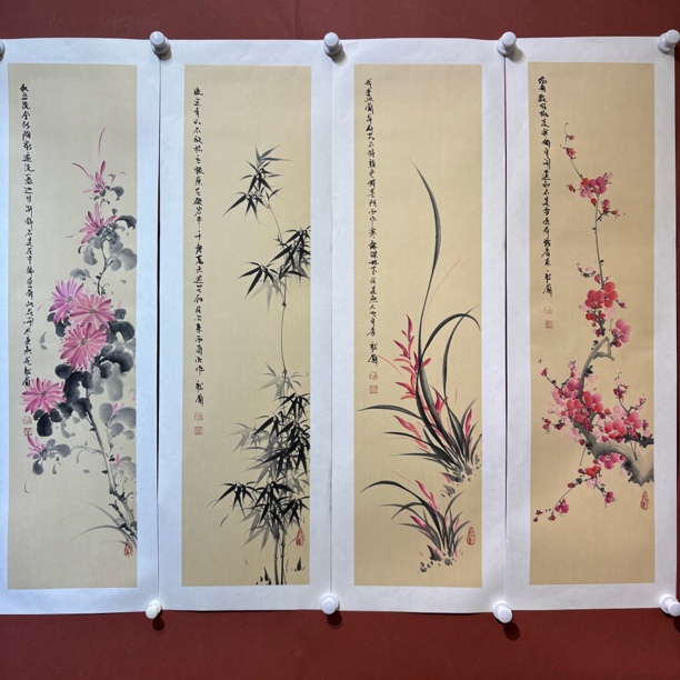 兰宝阁书画听兰老师纯手绘国画梅兰竹菊四条屏已拓裱画芯100:25
