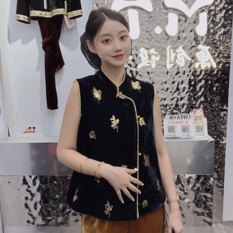 新款新中式国风重工亮片撇襟民族风丝绒马甲女