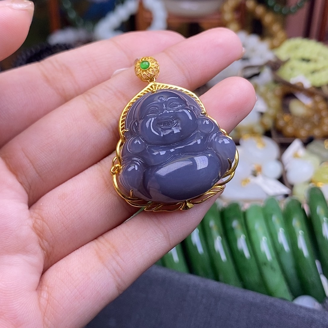 和田玉未镶嵌颈饰老矿料金镶吊坠烟紫佛公