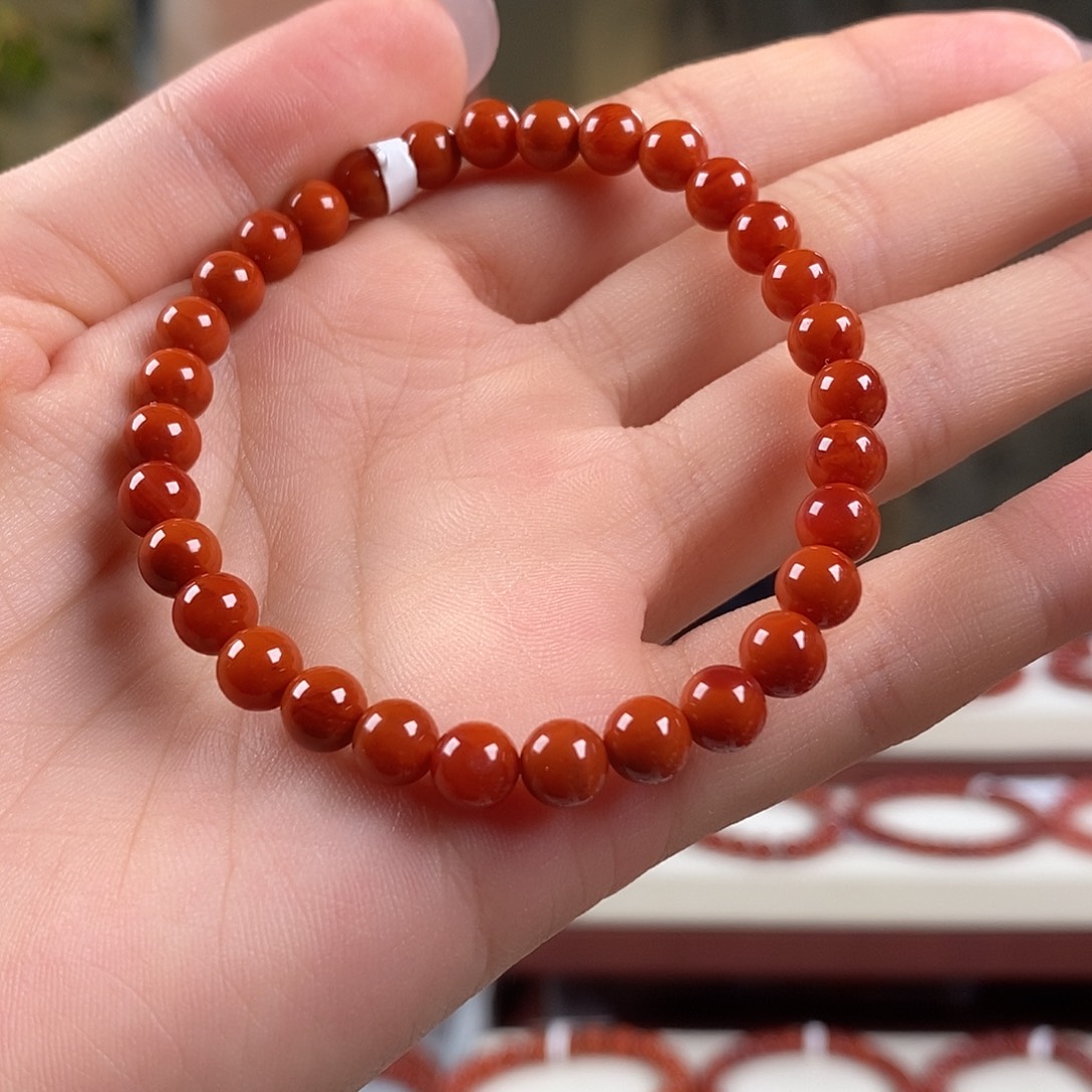 南红玛瑙未镶嵌手串原矿6mm 柿子红满肉瓦西4a级别