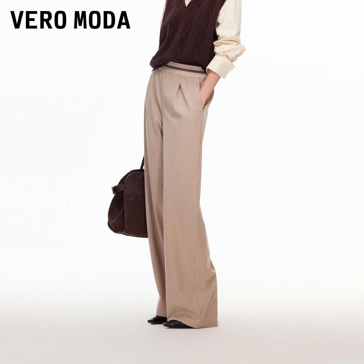 Vero Moda休闲裤2026春季新款撞色织带拼接口袋直筒裤小众高级感