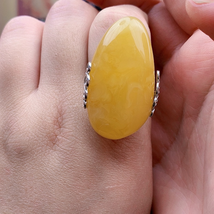 琥珀裸石银S925镶嵌戒指