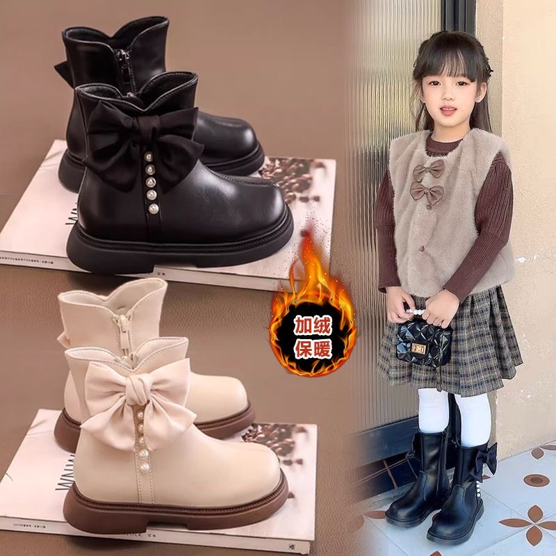 童靴小女孩靴子女休闲风女童秋冬马丁靴英伦串珠女童短靴儿童公主