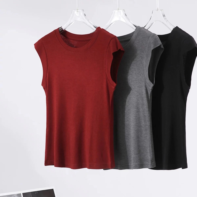 莱赛尔天丝女圆领宽肩小飞袖T恤夏季百搭贴身薄款短袖外穿