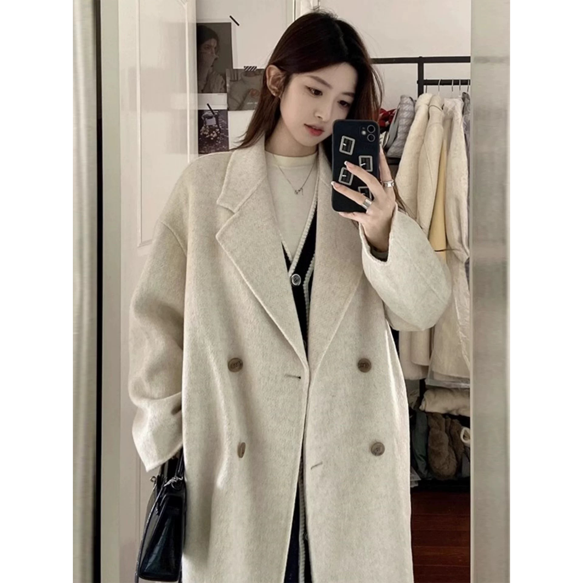 米白色双面大衣女秋冬大码胖mm超好看赫本风外套3-292