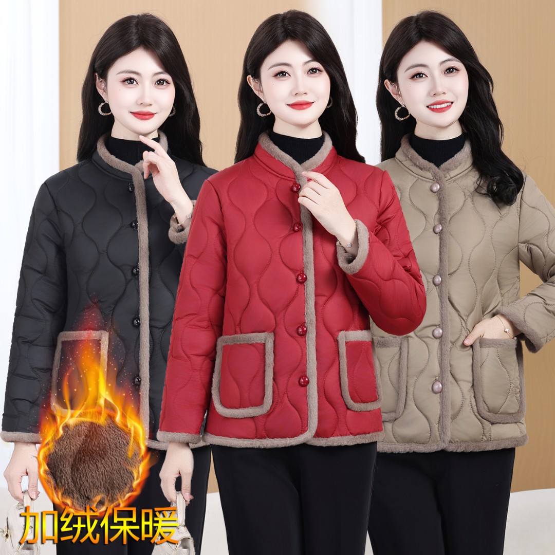 冬季中年新款立领棉衣外套时尚棉服加绒妈妈加厚秋冬棉袄纯色保暖