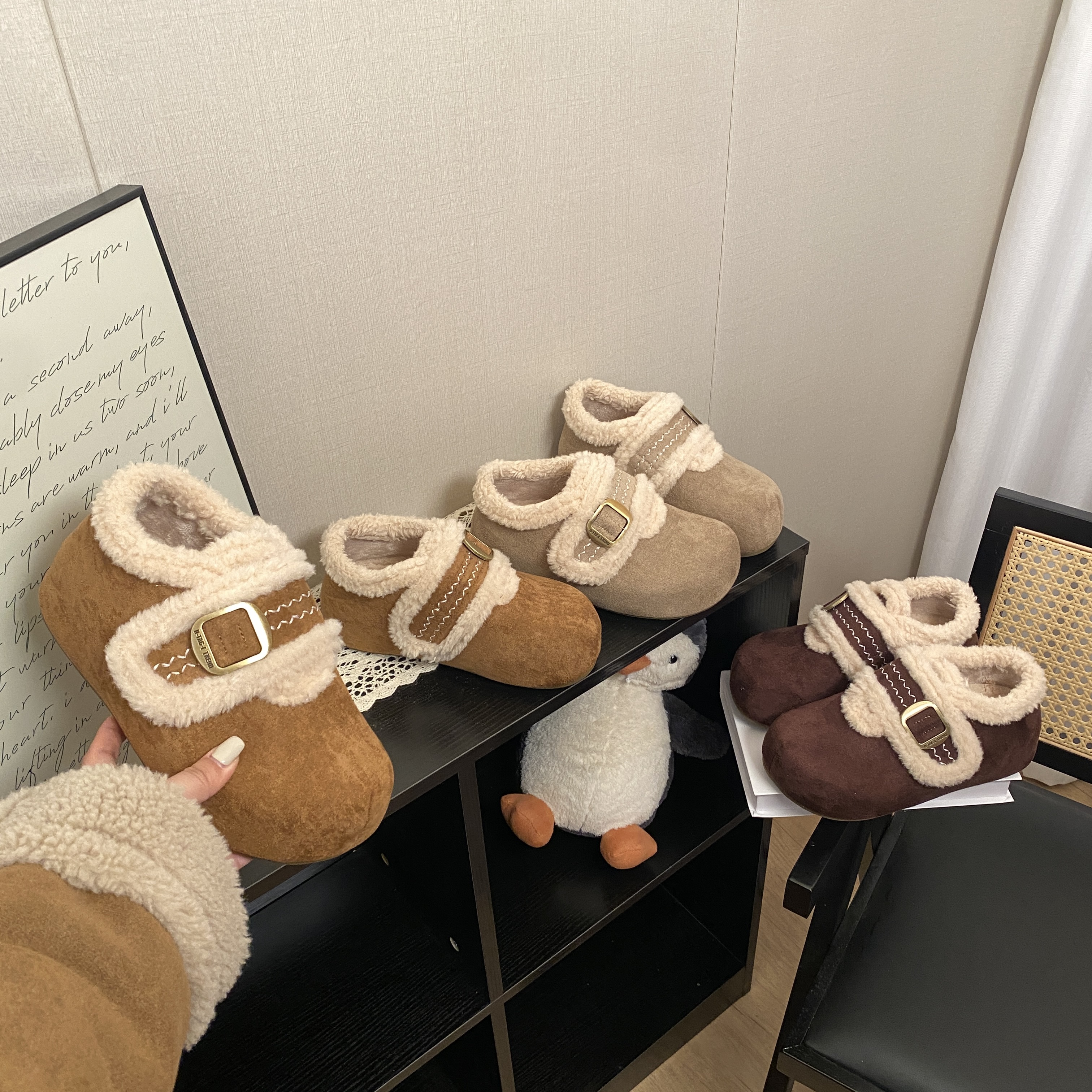 冬季厚底韩版勃肯鞋加绒经典刺绣魔术贴百搭女款2025保暖外穿棉鞋