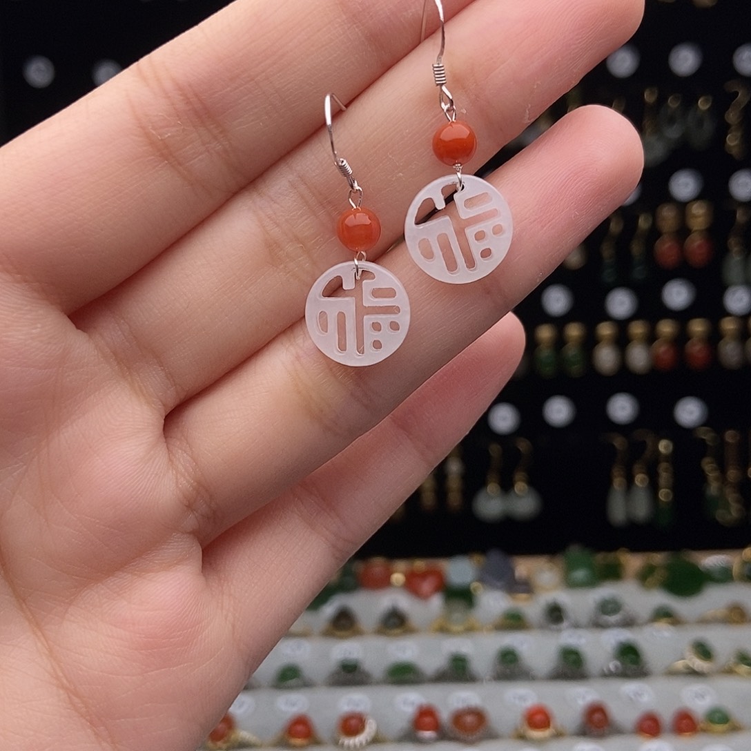 银S925镀金镶嵌和田玉耳饰