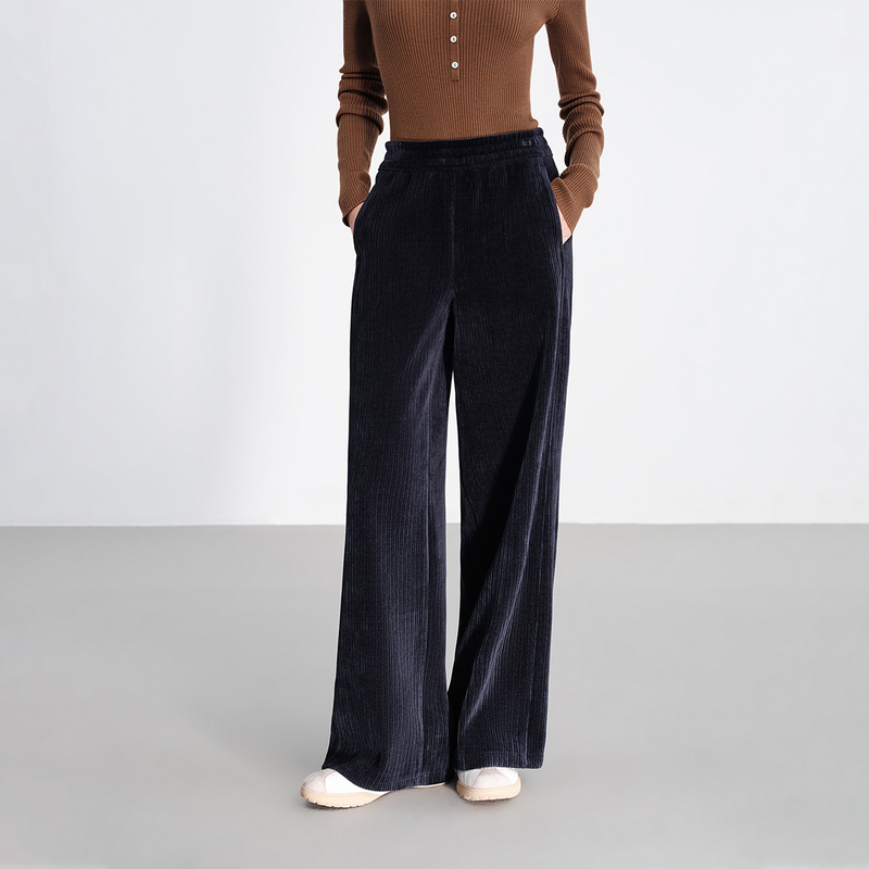 EP雅莹2025早秋新款女装 弹力高腰显腿长针织灯芯绒阔腿裤6425A