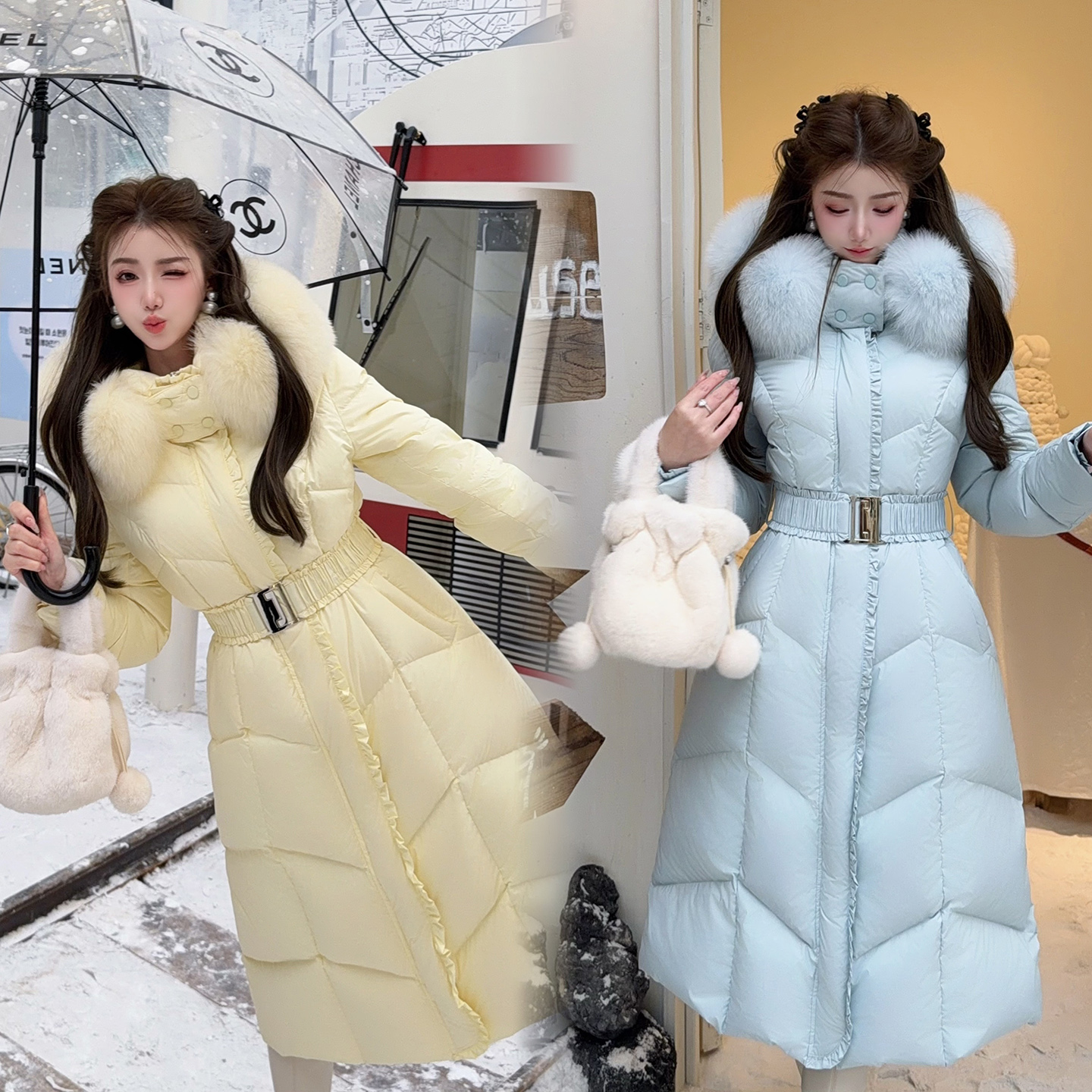 【 芒果布丁2.0】少女感减龄狐狸毛领羽绒服中长款白鸭绒外套27468