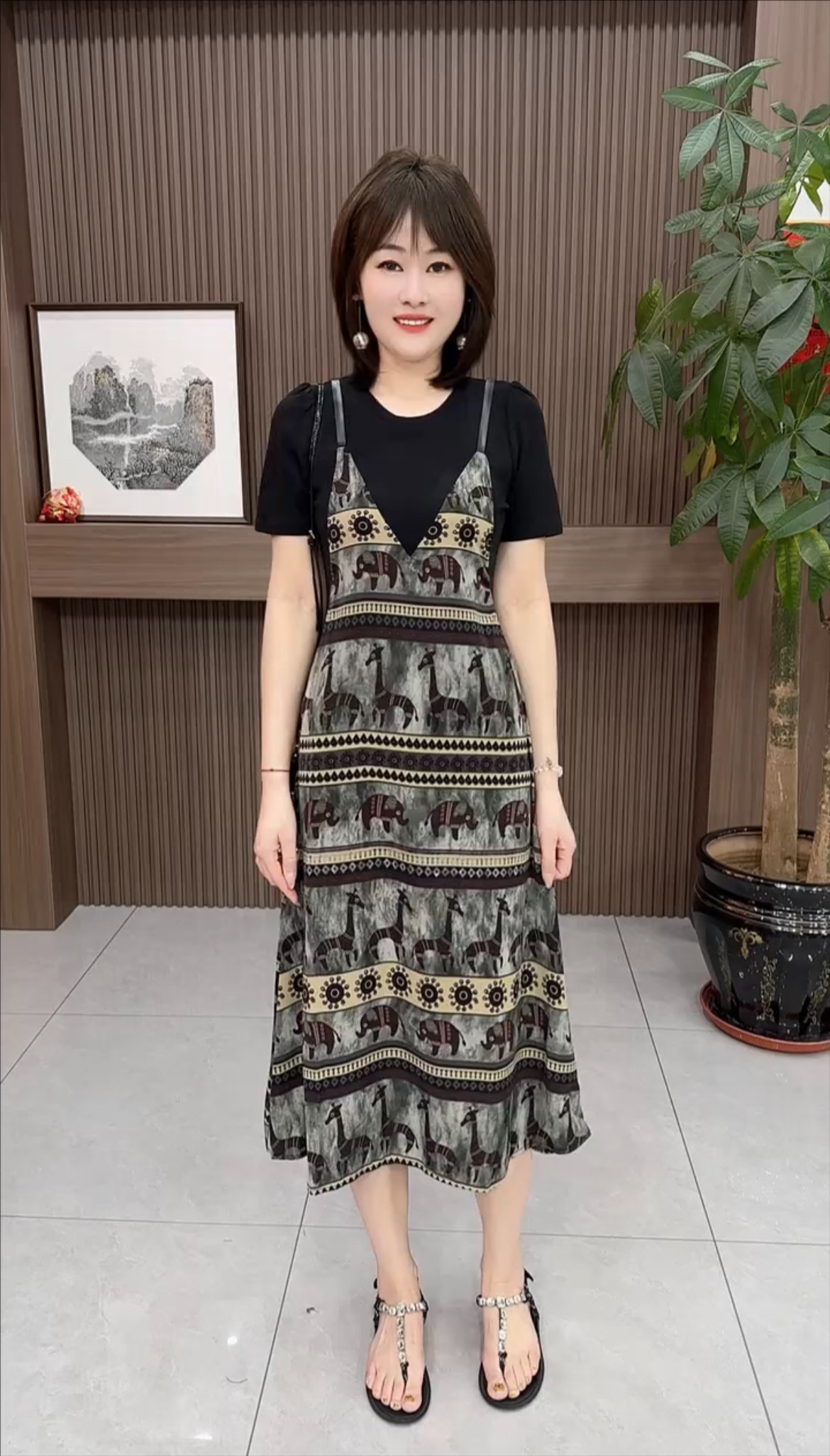 显瘦裙子假两件圆领碎花夏季拼接高腰连衣裙民族风复古气质时尚
