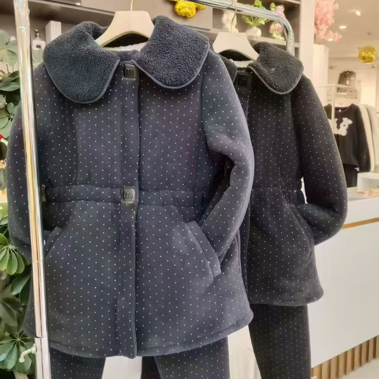 娃娃领波点三层夹棉加厚冬季可外穿女士家居服套装