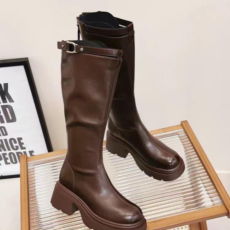 平跟方头长筒靴秋冬韩版新款低跟后拉链高筒靴显瘦5217-1B