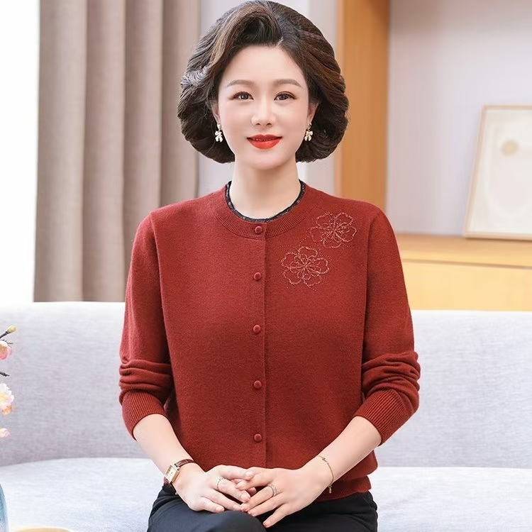妈妈春秋新款针织圆领洋气开衫秋冬宽松长袖上衣毛衣外套9096
