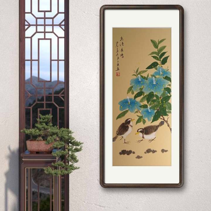 蓝色花鸟画 画芯卡片 不带框发货