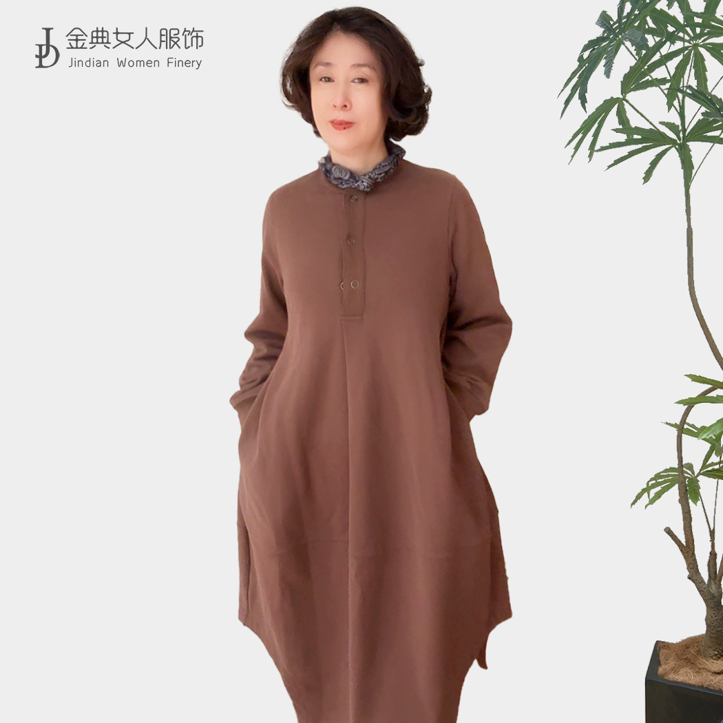 文艺风单排扣气质显瘦连衣裙中年妈妈时尚气质女士中长款女裙7197