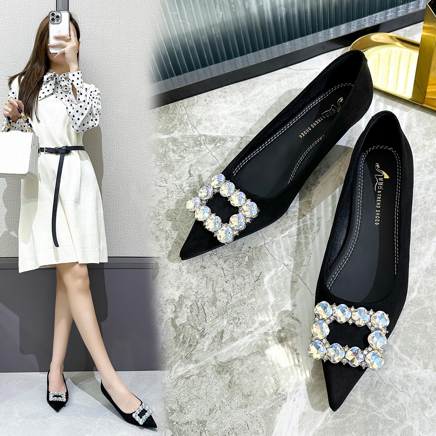 水钻尖头坡跟法式细跟粗跟鞋尚气质春季2026新款百搭法式女鞋绒面