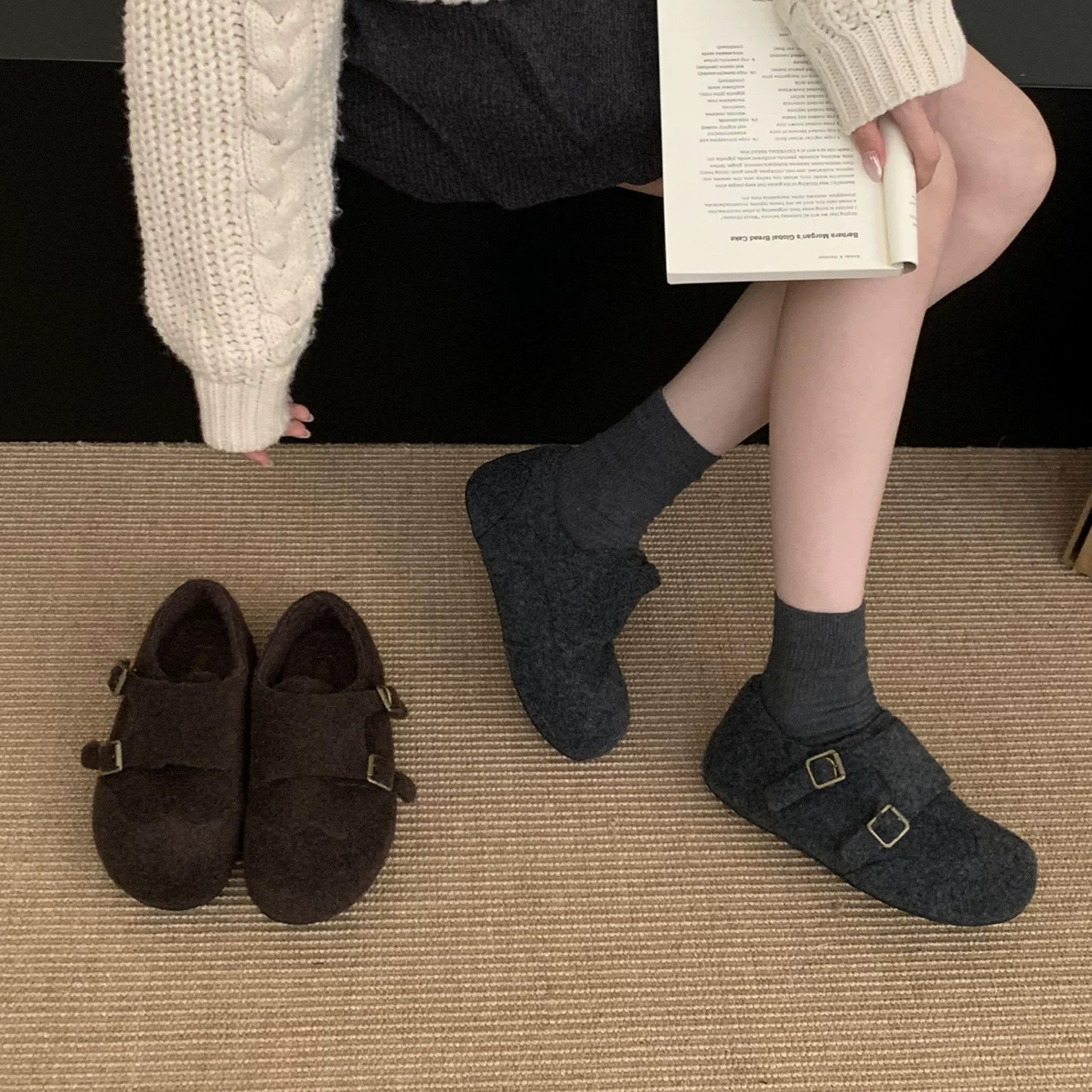 复古软底毛毛鞋2025冬季新款加绒保暖棉鞋爆款毛呢内增高勃肯1306