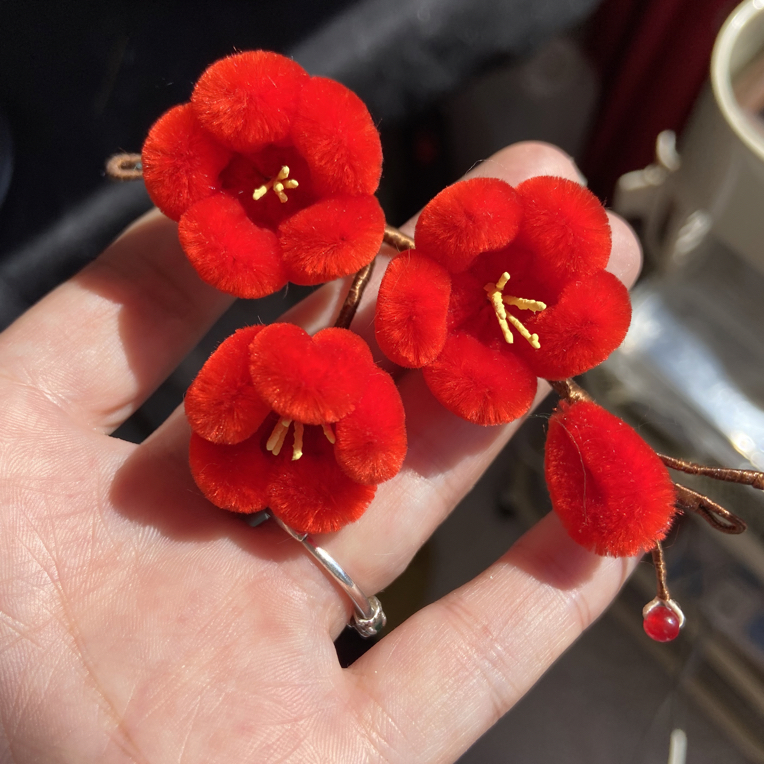 非遗绒花红梅发簪花