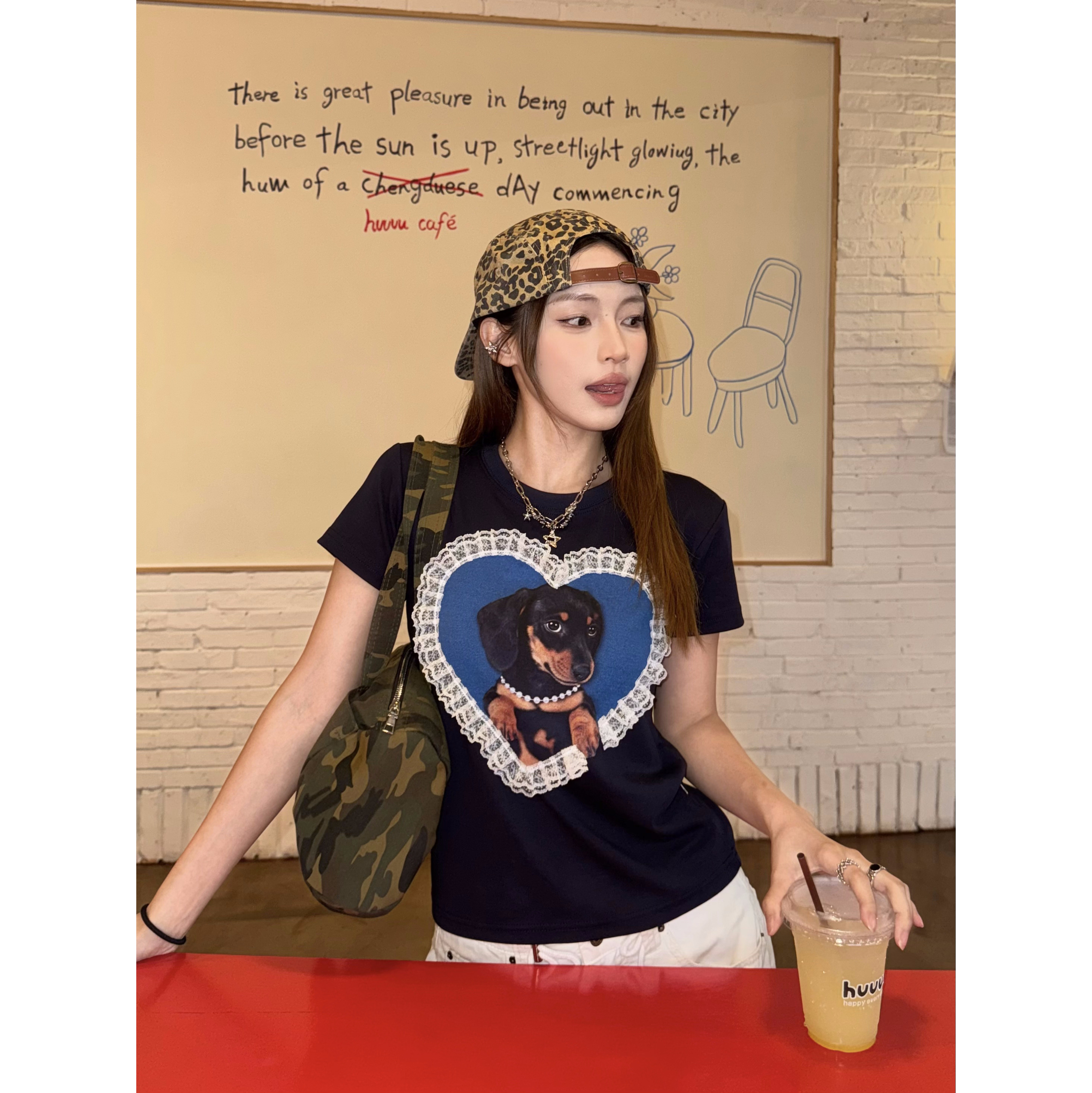 XFX美式复古宽松正肩蕾丝爱心狗狗短袖T恤女夏季休闲显瘦小众上衣