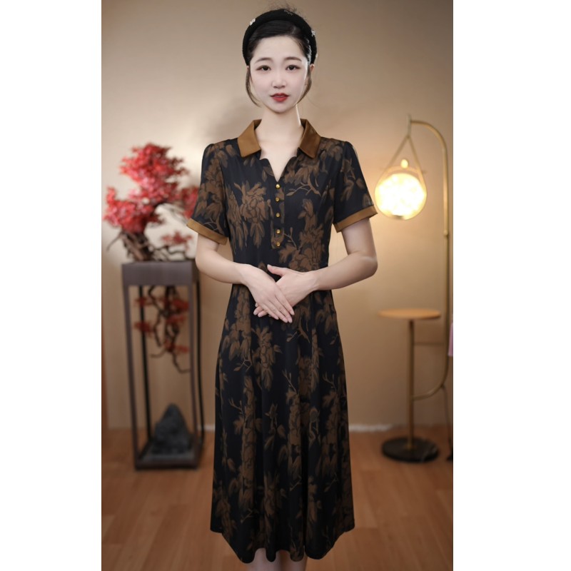 （38号咖色翻领）2025夏季新品改良中国风旗袍连衣裙【菲菲妈妈装】